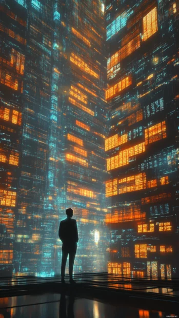 AI librarian in a glowing archive full of data scrolls.