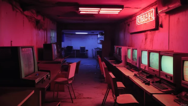 Abandoned cyber cafe still buzzing with neon ads.