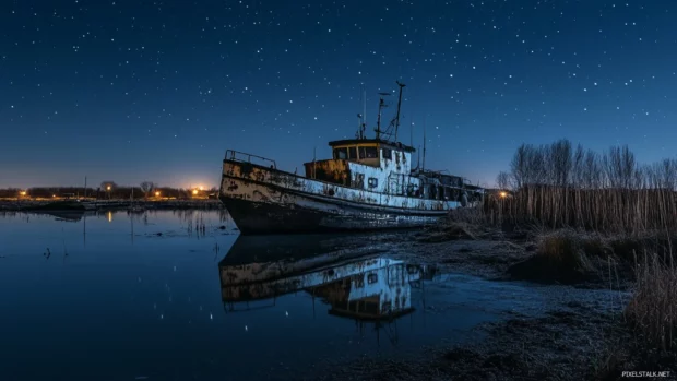 Abandoned harbors blinking with starry tides.