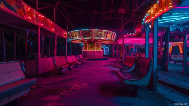 Abandoned neon carnival in eerie silence.