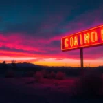 Abandoned neon hotel sign barely glowing at sunset.