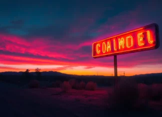 Abandoned neon hotel sign barely glowing at sunset.