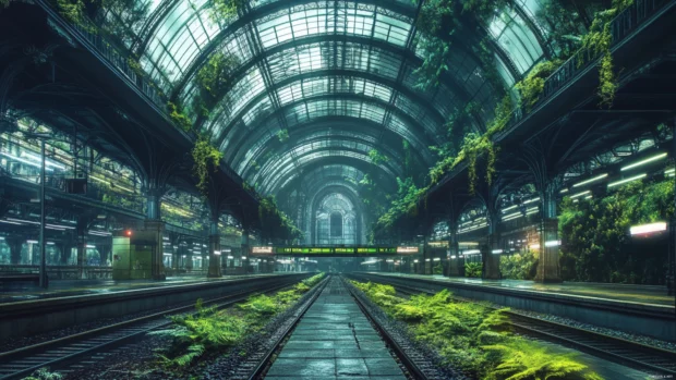 Abandoned railway station covered in moss and flickering LEDs in a cyberpunk ruin.