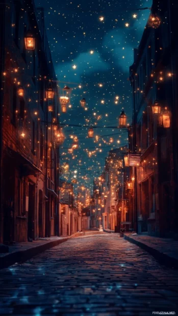 Abandoned streets lit by quiet dreamy stars, evoking the spirit of golden hour stars aesthetic background.