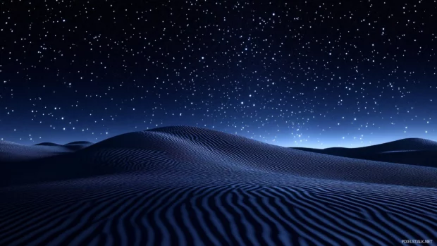 Above a calm desert landscape, a peaceful starry sky with stars shining brightly against a dark, cloudless sky creates a tranquil and magical atmosphere.