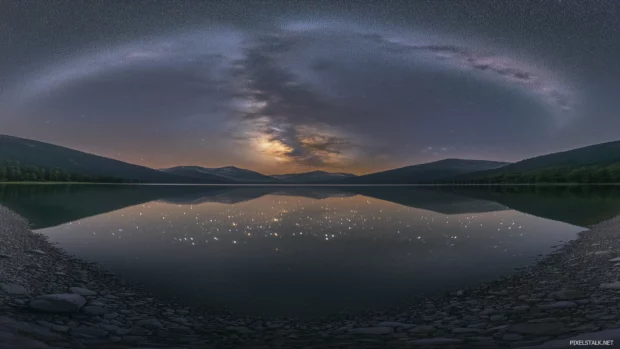 Above a calm lake, a serene night scene showcases a vibrant starry sky where the stars reflect perfectly on the water surface, creating a peaceful and enchanting atmosphere.