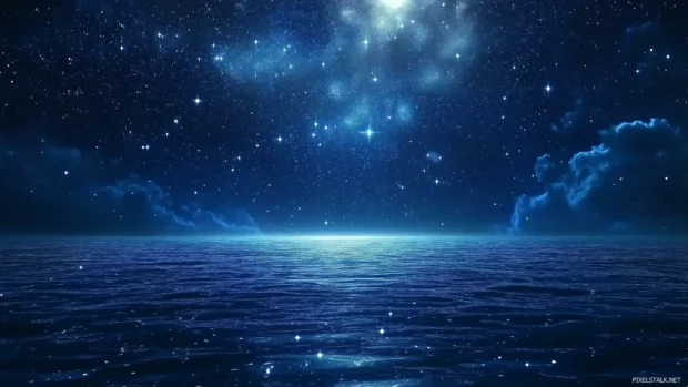 Above a calm ocean, a stunning starry night features stars reflecting on the water, creating a perfect mirror effect with a serene and ethereal feel.