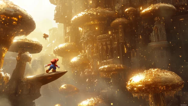 Above a forest of giant mushrooms, Mario leaps from platform to platform under golden light.