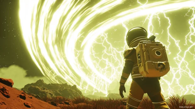Above a gas giant, an astronaut captures cosmic lightning in a containment field.