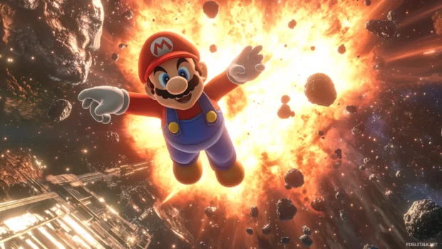 Above a glowing supernova, Mario spins through asteroid fragments and shimmering debris.