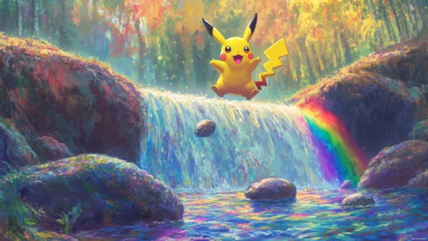 Above a rainbow waterfall, Pikachu jumps between floating stones with joyful energy.