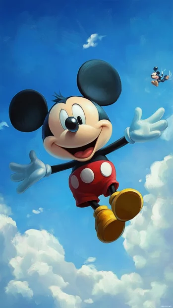 Above the Mickey Mouse Clubhouse, Toodles flies playfully in the blue sky.