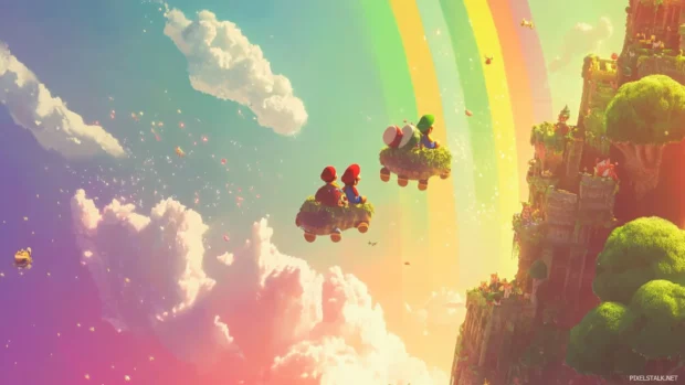 Above the Mushroom Kingdom, Mario and Luigi float in capes under a rainbow.