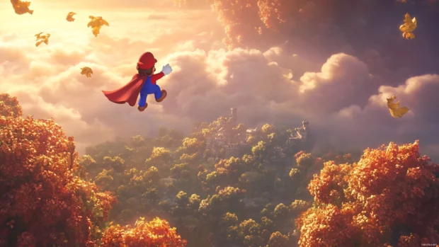 Above the treetops in Super Mario World, Mario glides with a cape through golden clouds.