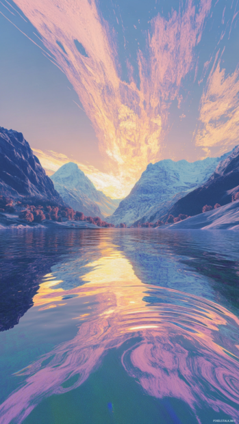 Abstract Android lock screen showing holographic landscapes bending in light.