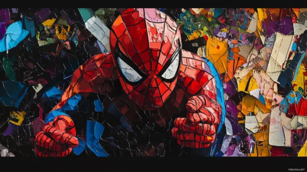 Abstract Spider Man composed of shattered comic panels.