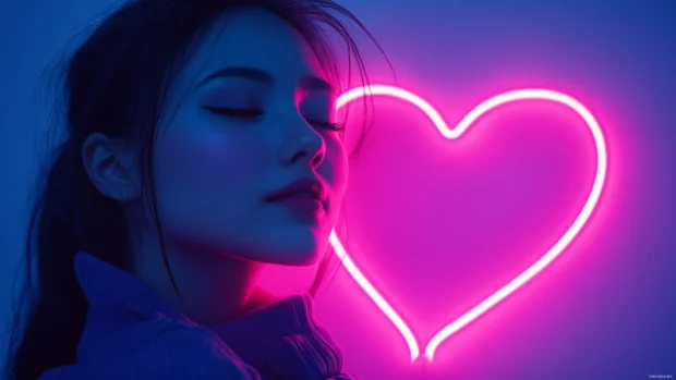 Abstract aesthetic heart shape in neon light inspired by Glowing neon heart aesthetic.