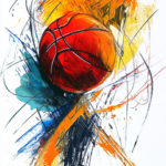 Abstract art interpretation of a basketball play.