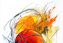 Abstract art interpretation of a basketball play.