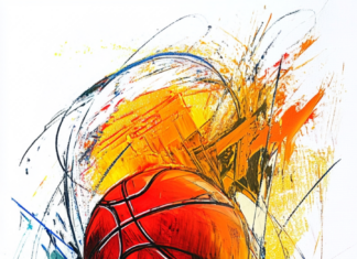 Abstract art interpretation of a basketball play.