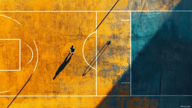 Abstract art style view of a basketball court from overhead.