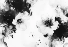 Abstract black and white floral patterns painted with fluid watercolor strokes.
