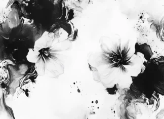 Abstract black and white floral patterns painted with fluid watercolor strokes.