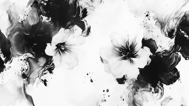 Abstract black and white floral patterns painted with fluid watercolor strokes.