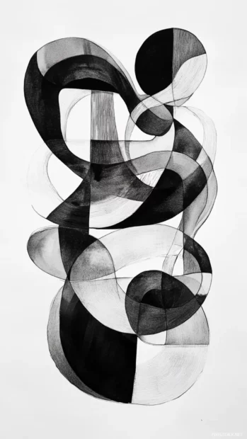 Abstract black and white watercolor shapes forming a harmonious composition.