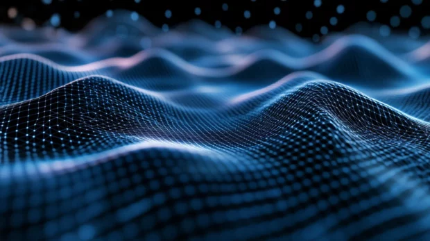 Abstract black neon grid expanding into infinity.