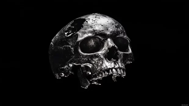 Abstract black skull, silver splashes, broken modern style, dark minimalist backdrop.