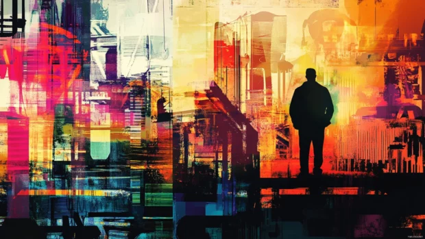 Abstract cityscape composed of layered graffiti letters and silhouettes.