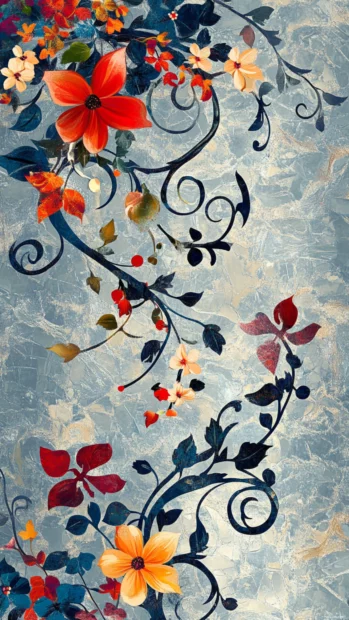Abstract floral pattern with swirling vines and blossoms.