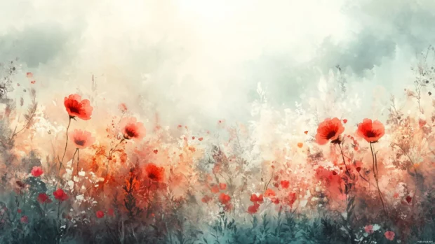 Abstract flower fields glowing in muted Aesthetic Watercolor tones, Clean and Elegant style.