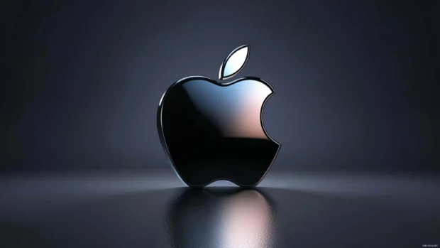 Abstract glowing Apple logo hovering above a dark gradient background.