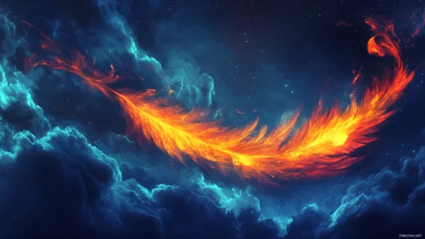 Abstract glowing feathers drifting across dark skies.