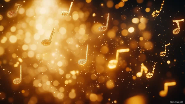 Abstract golden music notes floating in air with soft bokeh and warm lighting.