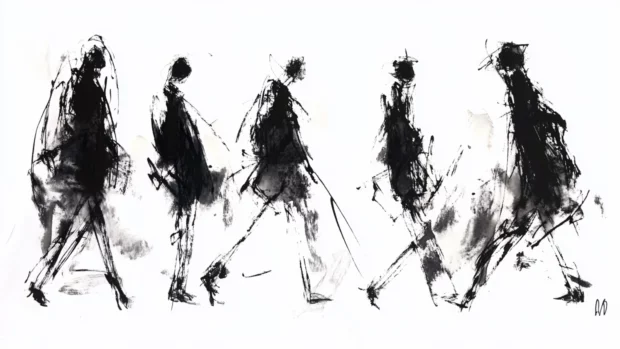 Abstract human figures sketched in bold black and white watercolor lines.