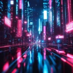Abstract lines of neon light bending in perspective powered by Neon cityscape 4K wallpaper.