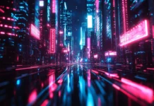 Abstract lines of neon light bending in perspective powered by Neon cityscape 4K wallpaper.