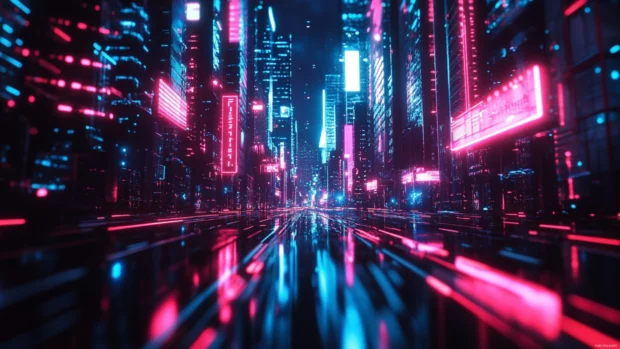 Abstract lines of neon light bending in perspective powered by Neon cityscape 4K wallpaper.