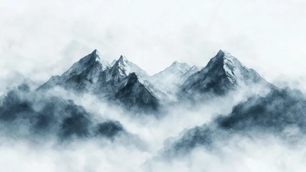 Abstract mountain peaks rising through misty gray watercolor clouds.