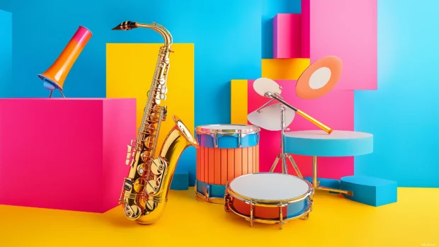 Abstract musical design, saxophone, trumpet, drum, bright backdrop, bold shapes, textures.