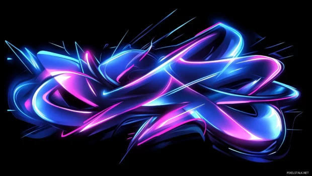 Abstract neon artwork, swirling light ribbons, pink blue, vector art, D illustration.