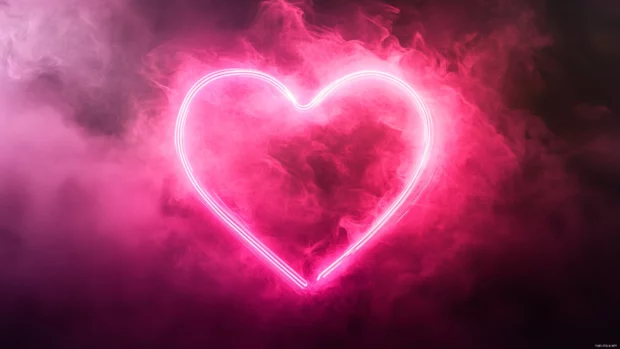 Abstract neon rings glowing in soft pink mist inspired by Pink neon heart wallpaper.
