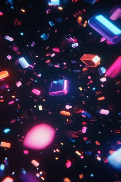 Abstract neon shapes floating through dark void featuring Aesthetic neon phone background.