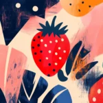 Abstract pattern of strawberry shapes mixed with geometric triangles, circles, and brush strokes in pastel color schemes on a soft gradient background, modern art inspired.