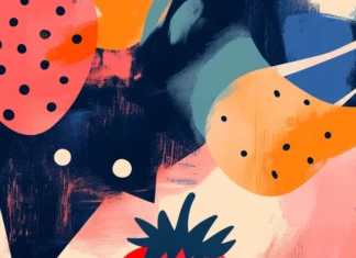 Abstract pattern of strawberry shapes mixed with geometric triangles, circles, and brush strokes in pastel color schemes on a soft gradient background, modern art inspired.