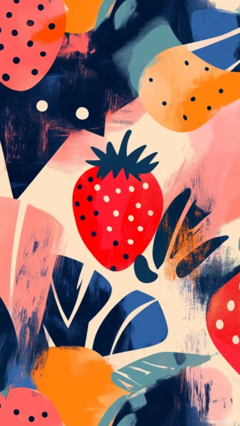 Abstract pattern of strawberry shapes mixed with geometric triangles, circles, and brush strokes in pastel color schemes on a soft gradient background, modern art inspired.