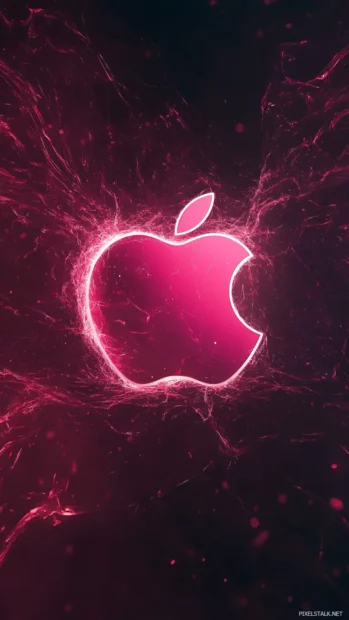 Abstract pink patterns framing a glowing Apple logo designed for iPhone.